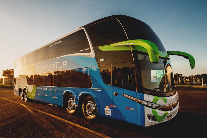 Modern tour coach parked at golden hour